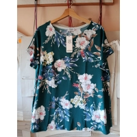 Szmaragdowa tunika z krótkim rękawem kimono - białe kwiaty